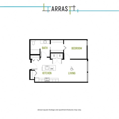 Floor plan for 1 bed, 1 bath, 796 sqft